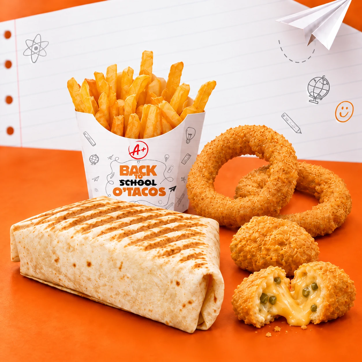 O’Mini, frites, deux onion rings et deux chili cheese nuggets