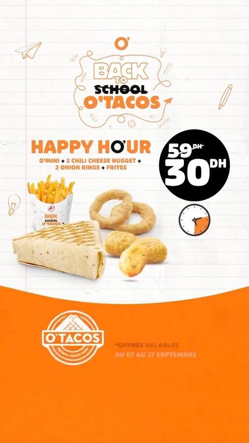 Le menu Happy Ho’ur et ses accompagnements sur une page de cahier