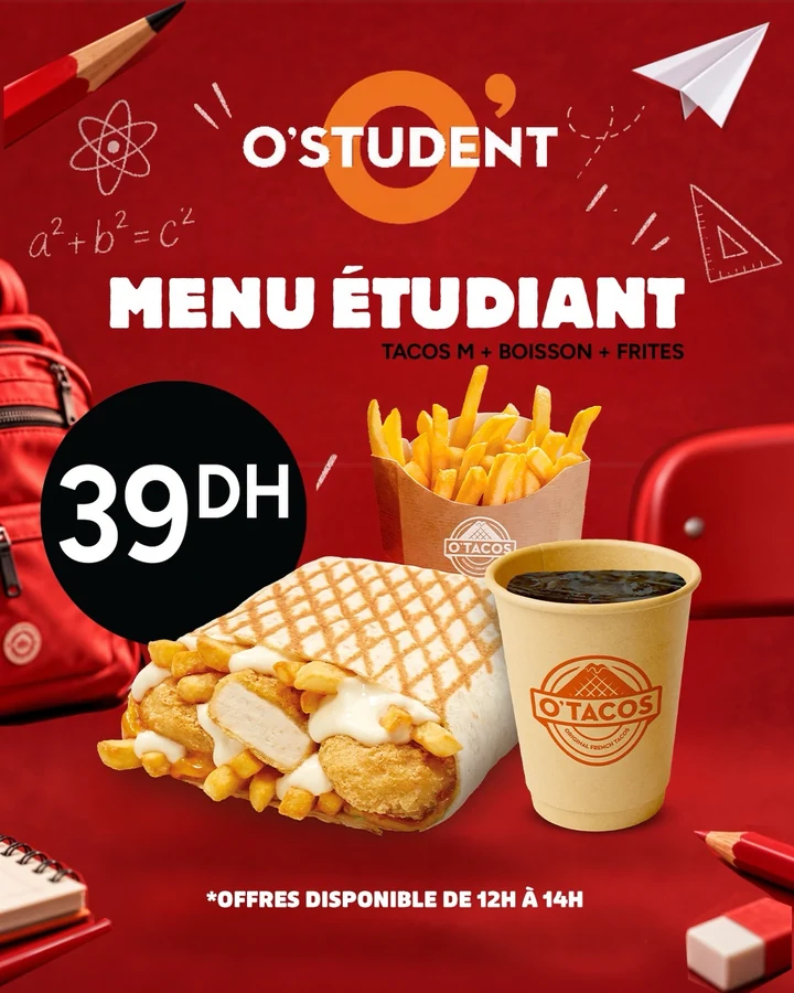 Tacos, frites et boisson du menu étudiant sur un visuel rouge