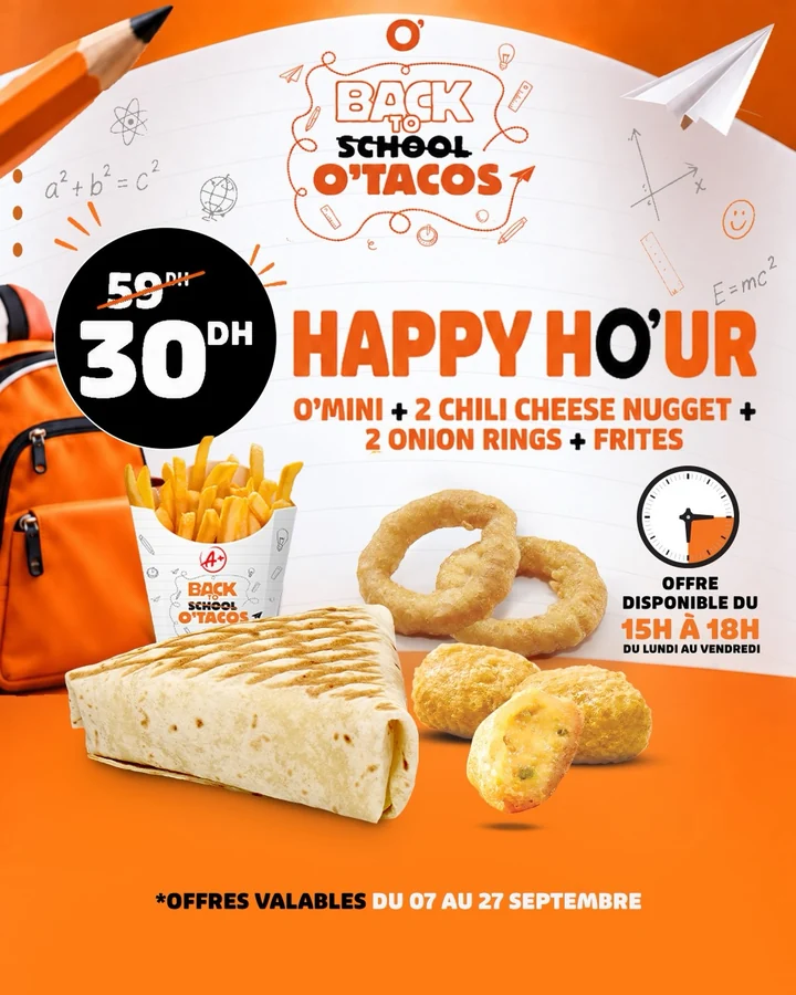 Le menu Happy Ho’ur O’Tacos sur un visuel orange de rentrée